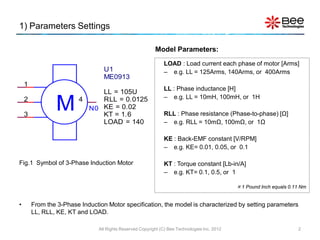 1) Parameters Settings

                                                           Model Parameters:
                                                               LOAD : Load current each phase of motor [Arms]
                                  U1                           – e.g. LL = 125Arms, 140Arms, or 400Arms
                                  ME0913
    1
                                                               LL : Phase inductance [H]
                              LL = 105U
                                                               – e.g. LL = 10mH, 100mH, or 1H
    2

    3
                M        4    RLL = 0.0125
                           N0 KE = 0.02
                              KT = 1.6                         RLL : Phase resistance (Phase-to-phase) [Ω]
                              LOAD = 140                       – e.g. RLL = 10mΩ, 100mΩ, or 1Ω

                                                               KE : Back-EMF constant [V/RPM]
                                                               – e.g. KE= 0.01, 0.05, or 0.1

Fig.1 Symbol of 3-Phase Induction Motor                        KT : Torque constant [Lb-in/A]
                                                               – e.g. KT= 0.1, 0.5, or 1

                                                                                                1 Pound Inch equals 0.11 Nm


•       From the 3-Phase Induction Motor specification, the model is characterized by setting parameters
        LL, RLL, KE, KT and LOAD.

                                All Rights Reserved Copyright (C) Bee Technologies Inc. 2012                            2
 