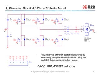 2) Simulation Circuit of 3-Phase AC Motor Model


          V1              S1                 D1              S3           D3              S5            D5
         102V   UP        +    +             DMOD_01 VP      +    +       DMOD_01 WP      +    +        DMOD_01
                          -    -                             -    -                       -    -

                      0                                     0                             0                                                 U1
                                                                                                                                            ME0913
                                                                                                        RU               U    1




                                                                                                                                           4
N0
                                                                                                        RV

                                                                                                        RW
                                                                                                                         V

                                                                                                                         W
                                                                                                                              2

                                                                                                                              3
                                                                                                                                   M           N0

                                                                                                                                                    N0
                                                                                                        RU, RV, RW: 173.75m
          V2
         102V
                                                                                                                                  LL = 105U
                          S2                 D2              S4           D4              S6            D6                        RLL = 0.0125
                UD        +    +             DMOD_01 VD      +    +       DMOD_01 WD      +    +        DMOD_01                   KE = 0.02
                                                                                                                                  KT = 1.6
                          -    -                             -    -                       -    -                                  LOAD = 140
                      0                                     0                             0


     0




                                                             •        Fig.2 Analysis of motor operation powered by
         UP     UD   VP        VD       WP   WD
                                                                      alternating voltage variation involves using the
                                                                      model of three-phase induction motor.
                                                  U2
         UP




                     VP




                                        WP
                UD




                                   VD




                                             WD




                                                  GDRV


                                                                 Q1-Q6: IGBT,MOSFET and so on
                                                    All Rights Reserved Copyright (C) Bee Technologies Inc. 2012                                    3
 