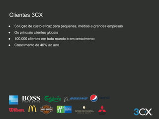 Clientes 3CX
● Solução de custo eficaz para pequenas, médias e grandes empresas
● Os princiais clientes globais
● 100,000 clientes em todo mundo e em crescimento
● Crescimento de 40% ao ano
 