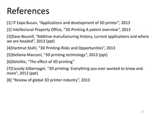 References
[1] IT Expo Busan, “Applications and development of 3D printer”, 2013
[2] Intellectural Property Office, “3D Printing A patent overview”, 2013
[3]Dave Bourell, “Additive manufacturing History, current applications and where
we are headed”, 2013 (ppt)
[4]Hartmut Stahl, “3D Printing-Risks and Opportunities”, 2013
[5]Stefania Marconi, “3D printing technology”, 2013 (ppt)
[6]Deloltte, “The effect of 3D printing”
[7]Cassidy Silbernagel, “3D printing: Everything you ever wanted to know and
more”, 2012 (ppt)
[8] “Review of global 3D printer industry”, 2013
22
 