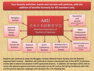 Your favorite activities, events and services will continue, with the addition of benefits formerly for ATJ members only.NewsletterandJournal(journal mailing for $5 fee)NengajouContestAATJ　全米日本語教育学会American Association of Teachers of JapaneseJapanese National HonorSocietyOther Professional Development OpportunitiesOnlineCourses forTeachersSpring Conference at AAS(Association for Asian Studies)National JapaneseExamMembership in Special Interest GroupsACTFLConferenceSessionsStudents can continue to enjoy the Nengajou Contest, National Honor Society, and the National Japanese Exam Contest.   Members will continue to receive a discounted rate at the ACTFL Conference and be able to attend and present in AATJ-sponsored sessions.  In addition, all members will be able to access the special programs and events previously run by ATJ such as the Spring Conference with AAS, and the journal Japanese Language and Literature (for a $5 shipping fee).  