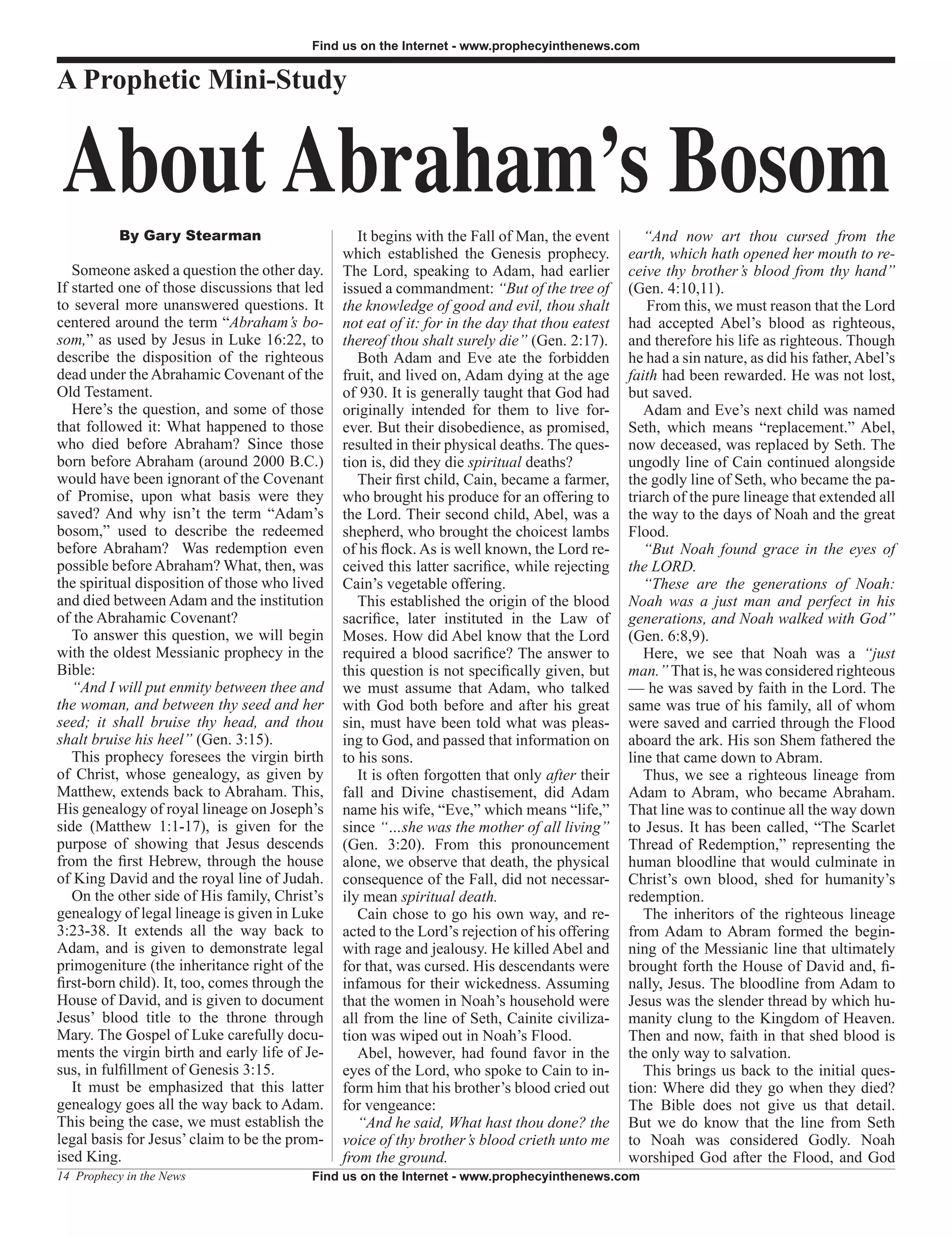 About Abrahams Bosom Prophecy In The News Magazine December 2009