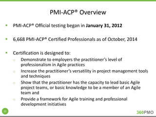 360PMO 
PMI-ACP® Overview 
 PMI-ACP® Official testing began in January 31, 2012 
 6,668 PMI-ACP® Certified Professionals as of October, 2014 
 Certification is designed to: 
o Demonstrate to employers the practitioner’s level of 
professionalism in Agile practices 
o Increase the practitioner’s versatility in project management tools 
and techniques 
o Show that the practitioner has the capacity to lead basic Agile 
project teams, or basic knowledge to be a member of an Agile 
team and 
o Provide a framework for Agile training and professional 
development initiatives 
22 
 