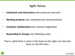 360PMO 
Agile Values 
 Individuals and interactions over processes and tools 
 Working products over comprehensive documentation 
 Customer collaboration over contract negotiation 
 Responding to change over following a plan 
That is, while there is value in the items on the right, we value the 
items on the left more. 
8 
 