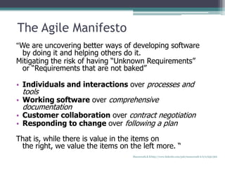 The Agile Manifesto
“We are uncovering better ways of developing software
by doing it and helping others do it.
Mitigating the risk of having “Unknown Requirements”
or “Requirements that are not baked”
• Individuals and interactions over processes and
tools
• Working software over comprehensive
documentation
• Customer collaboration over contract negotiation
• Responding to change over following a plan
That is, while there is value in the items on
the right, we value the items on the left more. “
Manuswath.K.B http://www.linkedin.com/pub/manuswath-k-b/0/65b/5b6
 