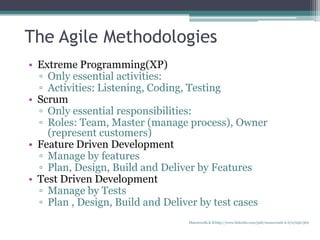 The Agile Methodologies
• Extreme Programming(XP)
▫ Only essential activities:
▫ Activities: Listening, Coding, Testing
• Scrum
▫ Only essential responsibilities:
▫ Roles: Team, Master (manage process), Owner
(represent customers)
• Feature Driven Development
▫ Manage by features
▫ Plan, Design, Build and Deliver by Features
• Test Driven Development
▫ Manage by Tests
▫ Plan , Design, Build and Deliver by test cases
Manuswath.K.B http://www.linkedin.com/pub/manuswath-k-b/0/65b/5b6
 