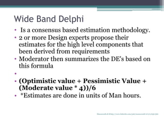 Wide Band Delphi
• Is a consensus based estimation methodology.
• 2 or more Design experts propose their
estimates for the high level components that
been derived from requirements
• Moderator then summarizes the DE's based on
this formula
•
• (Optimistic value + Pessimistic Value +
(Moderate value * 4))/6
• *Estimates are done in units of Man hours.
Manuswath.K.B http://www.linkedin.com/pub/manuswath-k-b/0/65b/5b6
 