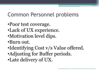 Common Personnel problems
•Poor test coverage.
•Lack of UX experience.
•Motivation level dips.
•Burn out.
•Identifying Cost v/s Value offered.
•Adjusting for Buffer periods.
•Late delivery of UX.
Manuswath.K.B http://www.linkedin.com/pub/manuswath-k-b/0/65b/5b6
 