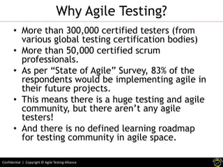 Why Agile Testing?
• More than 300,000 certified testers (from
various global testing certification bodies)
• More than 50,000 certified scrum
professionals.
• As per “State of Agile” Survey, 83% of the
respondents would be implementing agile in
their future projects.
• This means there is a huge testing and agile
community, but there aren’t any agile
testers!
• And there is no defined learning roadmap
for testing community in agile space.
Confidential | Copyright © Agile Testing Alliance

 