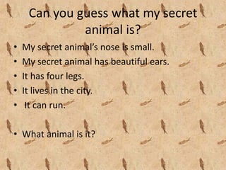 Can you guess what my secret 
              animal is?
•   My secret animal’s nose is small.
•   My secret animal has beautiful ears.
•   It has four legs.
•   It lives in the city.
•    It can run.

• What animal is it?
 