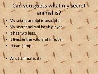 Can you guess what my secret 
              animal is?
•   My secret animal is beautiful.
•   My secret animal has big eyes.
•   It has two legs.
•   It lives in the wild and in zoos.
•    It can  jump.

• What animal is it?
 