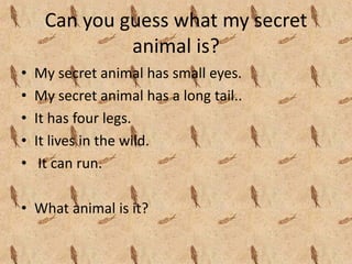 Can you guess what my secret 
              animal is?
•   My secret animal has small eyes.
•   My secret animal has a long tail..
•   It has four legs.
•   It lives in the wild.
•    It can run.

• What animal is it?
 