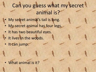 Can you guess what my secret 
               animal is?
•   My secret animal’s tail is long.
•   My secret animal has four legs.
•   It has two beautiful eyes.
•   It lives in the woods.
•   It can jump.



• What animal is it?
 