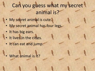 Can you guess what my secret 
              animal is?
•   My secret animal is cute.
•   My secret animal has four legs.
•   It has big ears.
•   It lives in the cities.
•   It can eat and jump.

• What animal is it?
 