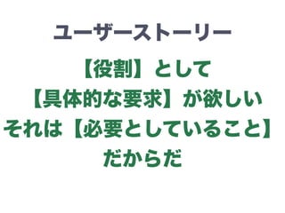 ユーザーストーリー
【役割】として
【具体的な要求】が欲しい
それは【必要としていること】
だからだ
 