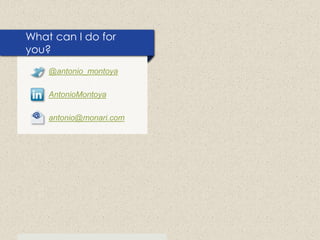 What can I do for
you?
    @antonio_montoya

    AntonioMontoya

    antonio@monari.com
 