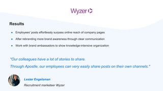 20
Lester Engelsman
Recruitment marketeer Wyzer
Results
● Employees' posts effortlessly surpass online reach of company pages
● After rebranding more brand awareness through clear communication
● Work with brand ambassadors to show knowledge-intensive organization
"Our colleagues have a lot of stories to share.
Through Apostle, our employees can very easily share posts on their own channels."
 