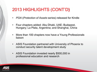 2013 HIGHLIGHTS (CONT’D)
• POA (Protection of Assets series) released for Kindle
• Four chapters added: Abu Dhabi, UAE; Budapest,
Hungary; La Plata, Argentina; and Shanghai, China
• More than 100 chapters now have a Young Professionals
liaison
• ASIS Foundation partnered with University of Phoenix to
conduct security talent development study
• ASIS Foundation invested nearly $500,000 in
professional education and research
 