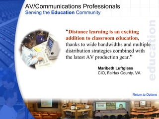 AV/Communications Professionals Serving the  Education  Community “ Distance learning is an exciting addition   to classroom education , thanks to wide bandwidths and multiple distribution strategies combined with the latest AV production gear. ” Return to Options Maribeth Luftglass CIO, Fairfax County. VA 