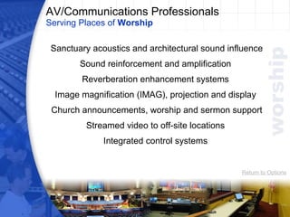 AV/Communications Professionals Serving Places of  Worship Sanctuary acoustics and architectural sound influence Sound reinforcement and amplification  Reverberation enhancement systems  Image magnification (IMAG), projection and display  Church announcements, worship and sermon support Streamed video to off-site locations  Integrated control systems  Return to Options 