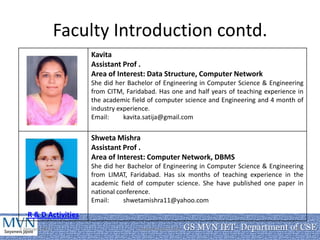 Faculty Introduction contd.
                      Kavita
                      Assistant Prof .
                      Area of Interest: Data Structure, Computer Network
                      She did her Bachelor of Engineering in Computer Science & Engineering
                      from CITM, Faridabad. Has one and half years of teaching experience in
                      the academic field of computer science and Engineering and 4 month of
                      industry experience.
                      Email:     kavita.satija@gmail.com

                      Shweta Mishra
                      Assistant Prof .
                      Area of Interest: Computer Network, DBMS
                      She did her Bachelor of Engineering in Computer Science & Engineering
                      from LIMAT, Faridabad. Has six months of teaching experience in the
                      academic field of computer science. She have published one paper in
                      national conference.
                      Email:     shwetamishra11@yahoo.com

   R & D Activities
7 January 2011                       Department of CSE   GS MVN IET- Department of CSE
                                                                                 10
 
