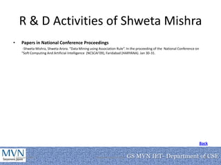 R & D Activities of Shweta Mishra
•    Papers in National Conference Proceedings
      -Shweta Mishra, Shweta Arora. “Data Mining using Association Rule”. In the proceeding of the National Conference on
     “Soft Computing And Artificial Intelligence (NCSCAI’09), Faridabad (HARYANA). Jan 30-31.




                                                                                                                            Back


7 January 2011                                       Department of CSE   GS MVN IET- Department of CSE
                                                                                                 19
 