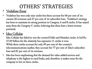 OTHERS’ STRATEGIES
• Vodafone Essar
• Vodafone has won only nine circles but these account for 68 per cent of its
  current 2G revenues and 57 per cent of its subscriber base. Vodafone's strategy
  has been to maintain its strong position in Category A and B circles. It has stayed
  away from the Category C circles, believing that these have a lower revenue
  potential.
• Idea Cellular
  Idea Cellular has failed to win the coveted Delhi and Mumbai circles. It bid Rs
  57.69 billion for the relatively less expensive 11 circles it won.
  While these circles account for only 49 per cent of the country's
  telecommunications market, they account for 77 per cent of Idea's subscriber
  base and 81 per cent of its revenues.
• Idea has been emphasising that the demand for value-added services and
  telephony is the highest in rural India, and, therefore, it makes sense for the
  company to bet on these circles.
 