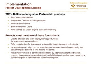TRF ProfileThe Reinvestment Fund builds wealth and opportunity for low-income people and places through the promotion of socially and environmentally responsible development.Business LinesLending & Investing  $1 billion in cumulative investments and loans throughout the mid-Atlantic