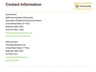 BIP CommunitiesCommunity Context - Population2000	     2010City	651,154     620,961BIP	50,756	     44,441		Source: Baltimore City Planning Department compilation of 2010 Census Data.  Data for BIP communities includes the total for the entire neighborhoods that are within BIP target areas.  Actual figures for BIP not yet available.