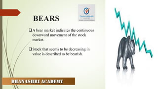 BEARS
A bear market indicates the continuous
downward movement of the stock
market.
Stock that seems to be decreasing in
value is described to be bearish.
 