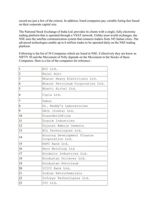 record are just a few of the criteria. In addition, listed companies pay variable listing fees based
on their corporate capital size.

The National Stock Exchange of India Ltd. provides its clients with a single, fully electronic
trading platform that is operated through a VSAT network. Unlike most world exchanges, the
NSE uses the satellite communication system that connects traders from 345 Indian cities. The
advanced technologies enable up to 6 million trades to be operated daily on the NSE trading
platform.

Following is the list of 50 Companies which are listed in NSE. Collectively they are know as
NIFTY 50 and the Movement of Nifty depends on the Movement in the Stocks of these
Companies. Here is a list of the companies for reference :

1                  ACC Ltd.
2                  Bajaj Auto
3                  Bharat Heavy Electricals Ltd.
4                  Bharat Petroleum Corporation Ltd.
5                  Bharti Airtel Ltd.

6                  Cipla Ltd.

7                  Dabur
8                  Dr. Reddy’s Laboratories
9                  GAIL (India) Ltd.
10                 GlaxoSmithKline
11                 Grasim Industries
12                 Gujarat Ambuja Cements
13                 HCL Technologies Ltd.
                   Housing Development Finance
14
                   Corporation Ltd.
15                 HDFC Bank Ltd.
16                 Hero MotoCorp Ltd
17                 Hindalco Industries Ltd.
18                 Hindustan Unilever Ltd.
19                 Hindustan Petroleum
20                 ICICI Bank Ltd.
21                 Indian Petrochemicals
22                 Infosys Technologies Ltd.
23                 ITC Ltd.
 