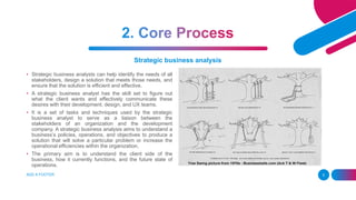 Strategic business analysis
• Strategic business analysts can help identify the needs of all
stakeholders, design a solution that meets those needs, and
ensure that the solution is efficient and effective.
• A strategic business analyst has the skill set to figure out
what the client wants and effectively communicate these
desires with their development, design, and UX teams.
• It is a set of tasks and techniques used by the strategic
business analyst to serve as a liaison between the
stakeholders of an organization and the development
company. A strategic business analysis aims to understand a
business’s policies, operations, and objectives to produce a
solution that will solve a particular problem or increase the
operational efficiencies within the organization.
• The primary aim is to understand the client side of the
business, how it currently functions, and the future state of
operations.
ADD A FOOTER 5
 