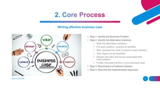 Writing effective business case
• Step 1: Identify the Business Problem
• Step 2: Identify the Alternative Solutions
• Note the alternative solutions.
• For each solution, quantify its benefits.
• Also, forecast the costs involved in each solution.
• Then figure out its feasibility
• Discern the risks and issues associated with
each solution.
• Finally, document all this in your business case
• Step 3: Recommend a Preferred Solution
• Step 4: Describe the Implementation Approach
ADD A FOOTER 8
 
