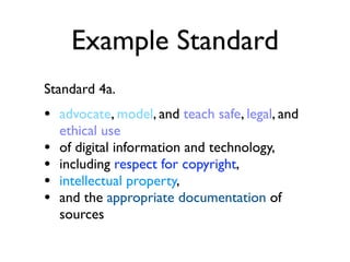 Example Standard
Standard 4a.
• advocate, model, and teach safe, legal, and
    ethical use
•   of digital information and technology,
•   including respect for copyright,
•   intellectual property,
•   and the appropriate documentation of
    sources
 