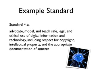 Example Standard
Standard 4. a.
advocate, model, and teach safe, legal, and
ethical use of digital information and
technology, including respect for copyright,
intellectual property, and the appropriate
documentation of sources
 