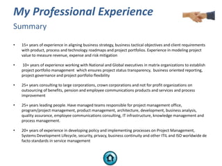 My Professional Experience
Summary

•   15+ years of experience in aligning business strategy, business tactical objective...