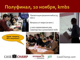 Презентации решения кейса (15
                   мин.)

                   Вопросы от жюри (10 мин.)

                   3 часа соревнования ума,
                   новаторства и presentation skills


Какой, говорите,
NPV получился?




                                                  CaseChamp.com
 