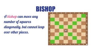 BISHOP
A bishop can move any
number of squares
diagonally, but cannot leap
over other pieces.
 