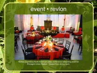 event • revlon




Revlon Cosmetics North American sales conference networking event at
         Chicago’s Union Station. Viewed from dining room.
 