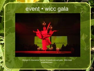 event • wicc gala




Women in Insurance Cancer Crusade annual gala. Mid-meal
                    entertainment.
 