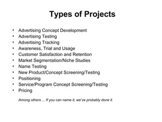 Types of Projects Advertising Concept Development Advertising Testing Advertising Tracking Awareness, Trial and Usage Customer Satisfaction and Retention Market Segmentation/Niche Studies Name Testing New Product/Concept Screening/Testing Positioning Service/Program Concept Screening/Testing Pricing Among others ... If you can name it, weve probably done it. 