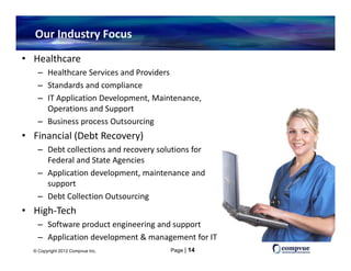Our Industry Focus
• Healthcare
    – Healthcare Services and Providers
    – Standards and compliance
      Standards and compliance
    – IT Application Development, Maintenance, 
      Operations and Support
    – Business process Outsourcing 
• Financial (Debt Recovery)
    – Debt collections and recovery solutions for 
                                  y
      Federal and State Agencies
    – Application development, maintenance and 
      support
        pp
    – Debt Collection Outsourcing
• High‐Tech
    – Software product engineering and support
    – Application development & management for IT
  © Copyright 2012 Compvue Inc.         Page | 14
 