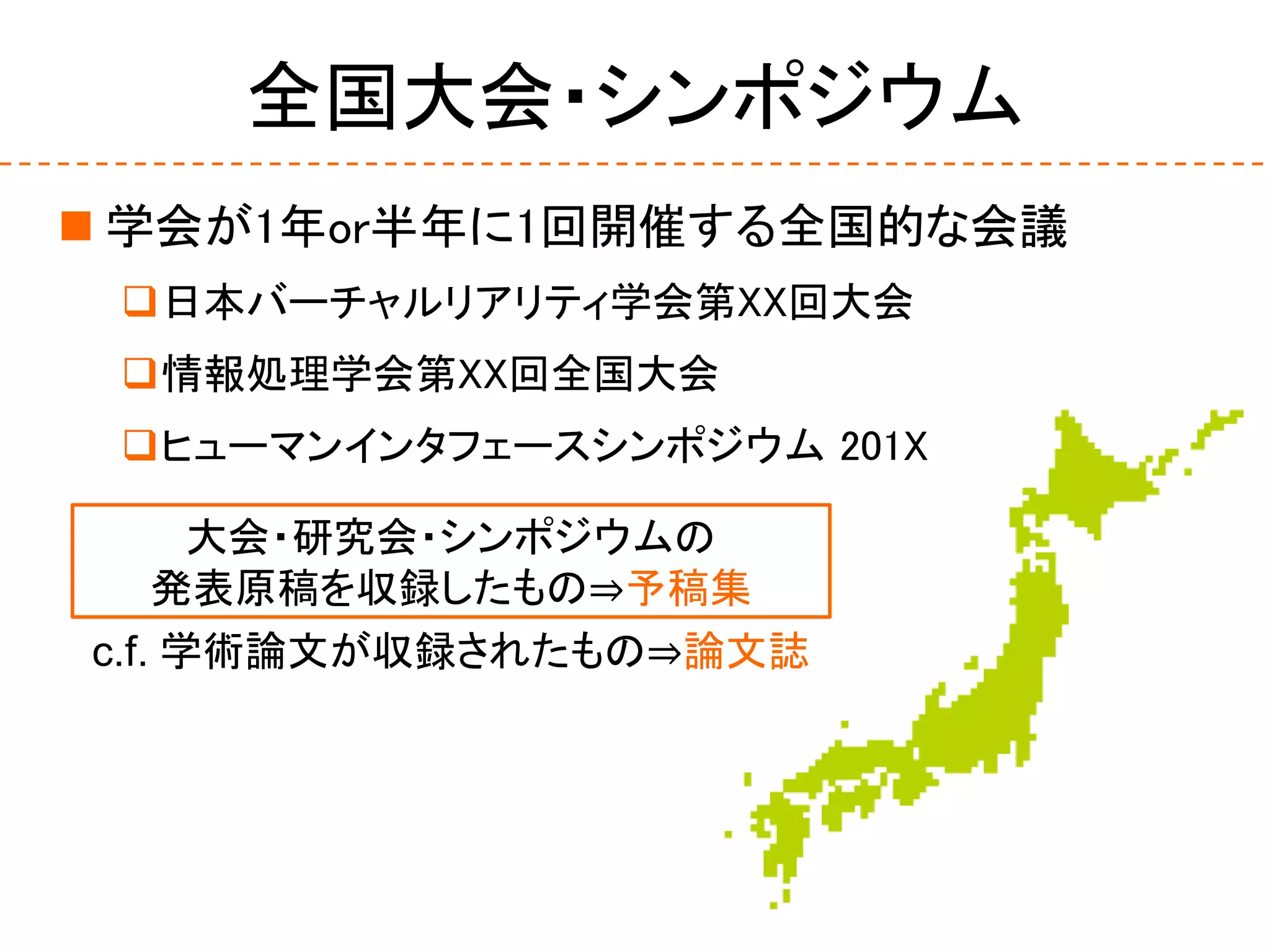 全国大会・シンポジウム
 学会が1年or半年に1回開催する全国的な会議
日本バーチャルリアリティ学会第XX回大会
情報処理学会第XX回全国大会
ヒューマンインタフェースシンポジウム 201X
c.f. 学術論文が収録されたもの⇒論文誌
大会・研究会・シンポジウムの
発表原稿を収録したもの⇒予稿集
 