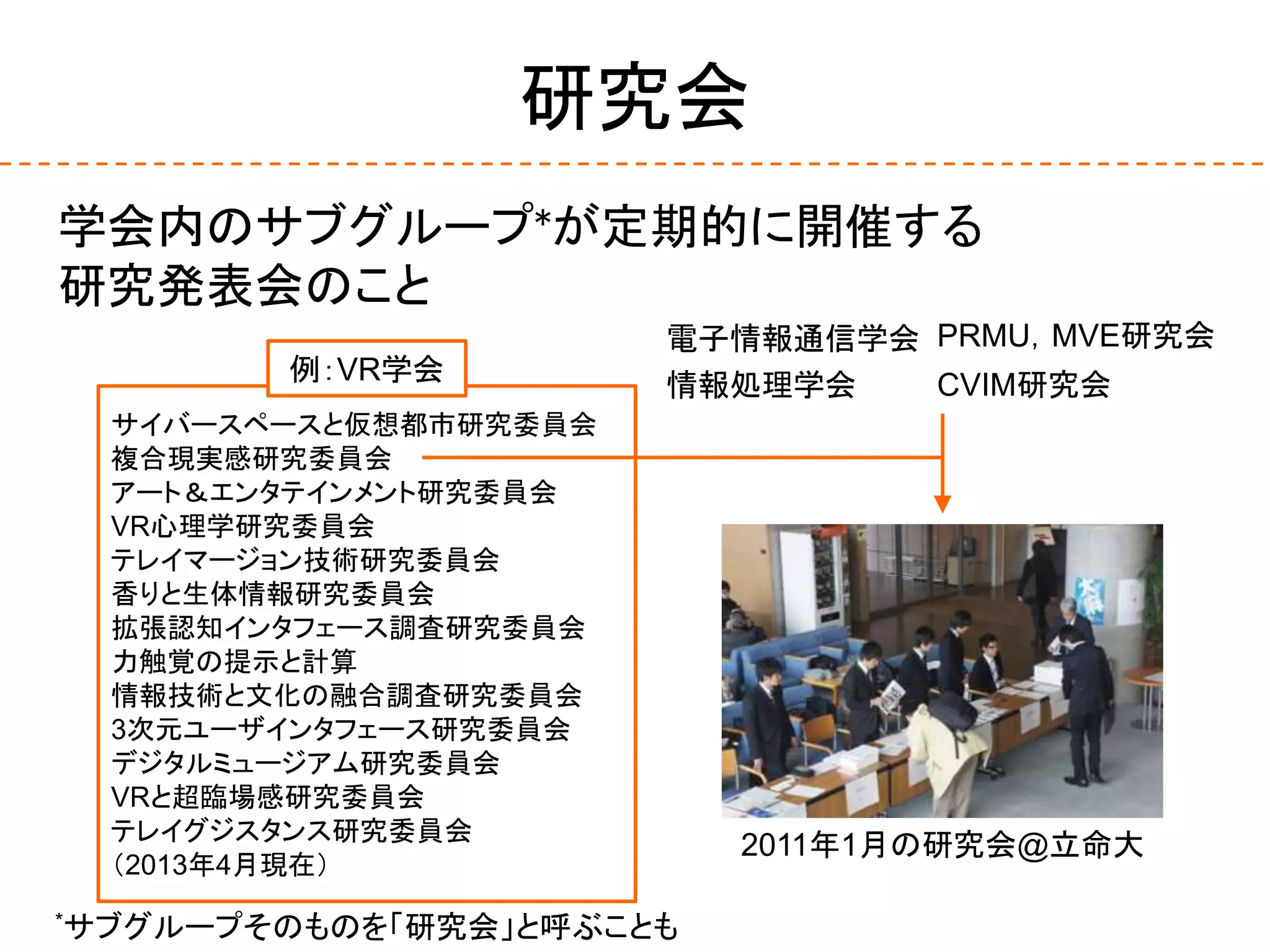 研究会
学会内のサブグループ*が定期的に開催する
研究発表会のこと
2011年1月の研究会@立命大
*サブグループそのものを「研究会」と呼ぶことも
電子情報通信学会 PRMU，MVE研究会
情報処理学会 CVIM研究会
サイバースペースと仮想都市研究委員会
複合現実感研究委員会
アート＆エンタテインメント研究委員会
VR心理学研究委員会
テレイマージョン技術研究委員会
香りと生体情報研究委員会
拡張認知インタフェース調査研究委員会
力触覚の提示と計算
情報技術と文化の融合調査研究委員会
3次元ユーザインタフェース研究委員会
デジタルミュージアム研究委員会
VRと超臨場感研究委員会
テレイグジスタンス研究委員会
（2013年4月現在）
例：VR学会
 