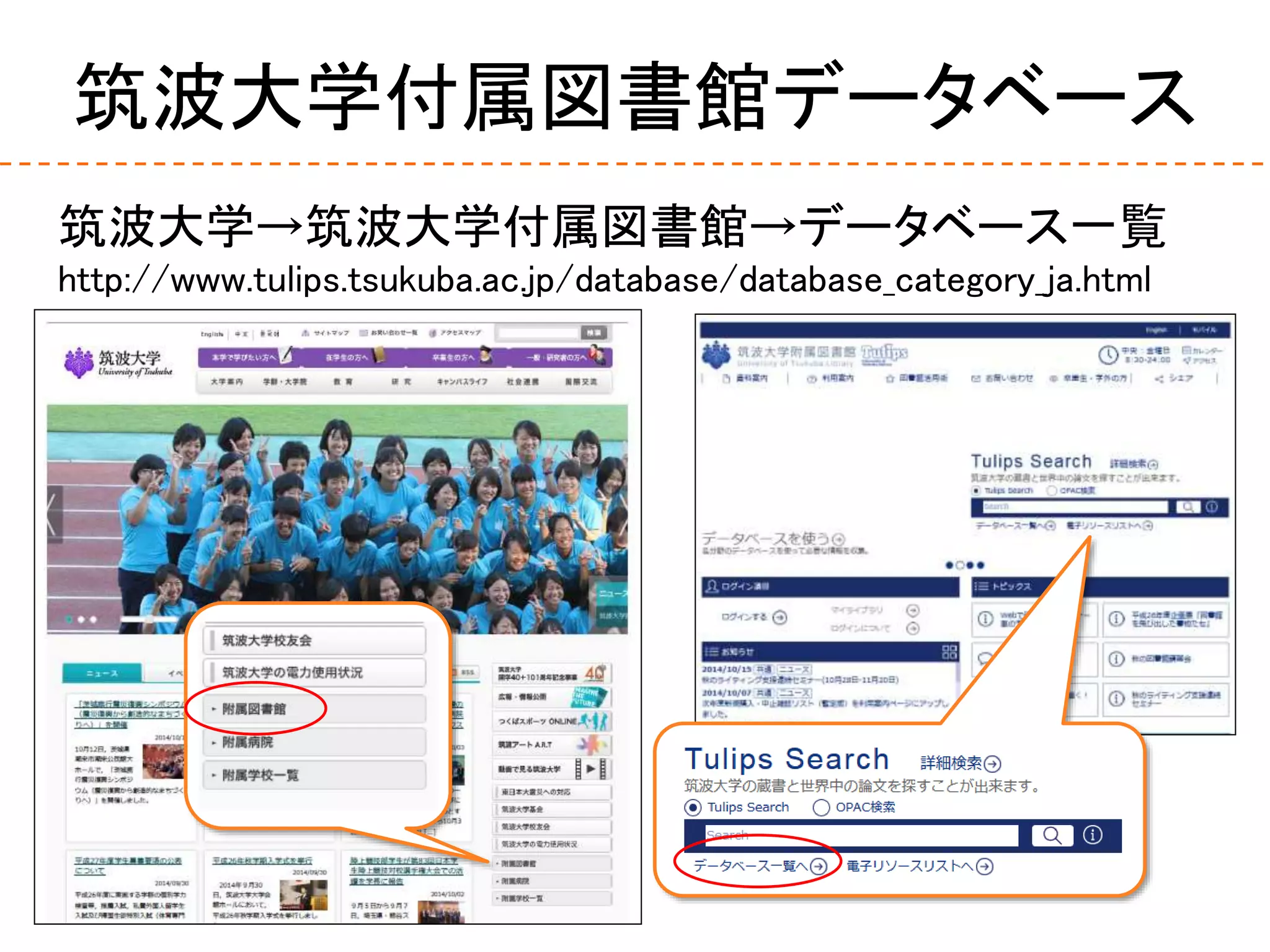 筑波大学付属図書館データベース
筑波大学→筑波大学付属図書館→データベース一覧
http://www.tulips.tsukuba.ac.jp/database/database_category_ja.html
 