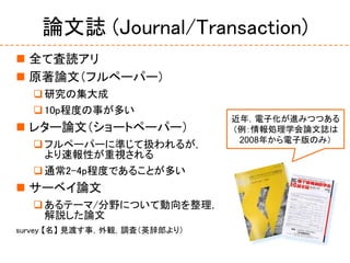 論文誌 (Journal/Transaction)
 全て査読アリ
 原著論文（フルペーパー）
研究の集大成
10p程度の事が多い
 レター論文（ショートペーパー）
フルペーパーに準じて扱われるが，
より速報性が重視される
通常2–4p程度であることが多い
 サーベイ論文
あるテーマ/分野について動向を整理，
解説した論文
survey 【名】 見渡す事，外観，調査（英辞郎より）
近年，電子化が進みつつある
（例：情報処理学会論文誌は
2008年から電子版のみ）
 