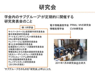 研究会
学会内のサブグループ*が定期的に開催する
研究発表会のこと
2011年1月の研究会@立命大
*サブグループそのものを「研究会」と呼ぶことも
電子情報通信学会 PRMU，MVE研究会
情報処理学会 CVIM研究会
サイバースペースと仮想都市研究委員会
複合現実感研究委員会
アート＆エンタテインメント研究委員会
VR心理学研究委員会
テレイマージョン技術研究委員会
香りと生体情報研究委員会
拡張認知インタフェース調査研究委員会
力触覚の提示と計算
情報技術と文化の融合調査研究委員会
3次元ユーザインタフェース研究委員会
デジタルミュージアム研究委員会
VRと超臨場感研究委員会
テレイグジスタンス研究委員会
（2013年4月現在）
例：VR学会
 