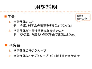 用語説明
 学会
1. 学術団体のこと
例 「今度，HI学会の理事をすることになった」
2. 学術団体が主催する研究発表会のこと
例 「○○君，今度9月のXX学会で発表しようか」
 研究会
1. 学術団体のサブグループ
2. 学術団体（or サブグループ）が主催する研究発表会
文脈で
判断しよう！
 