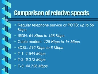 Comparison of relative speeds Regular telephone service or POTS:  up to 56 Kbps  ISDN:  64 Kbps to 128 Kbps Cable modem:  128 Kbps to 1+ Mbps  xDSL:  512 Kbps to 8 Mbps T-1:  1.544 Mbps  T-2:  6.312 Mbps  T-3:  44.736 Mbps   