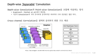Depth-wise ‘Separable’ Convolution
Depth-wise Convolution과 Point-wise Convolution를 조합해 사용하는 방식
• Xception(F. Chollet et al)에서 제안함.
• 기존의 Convolution과 거의 유사하게 동작하지만 파라미터 수와 연산량은 훨씬 적다.
Cross-channel Correlation을 완벽히 분리하기 위한 구조 제안
Various types of Convolution layers P.33
https://www.kdnuggets.com/2017/08/intuitive-guide-deep-network-architectures.html/2
 